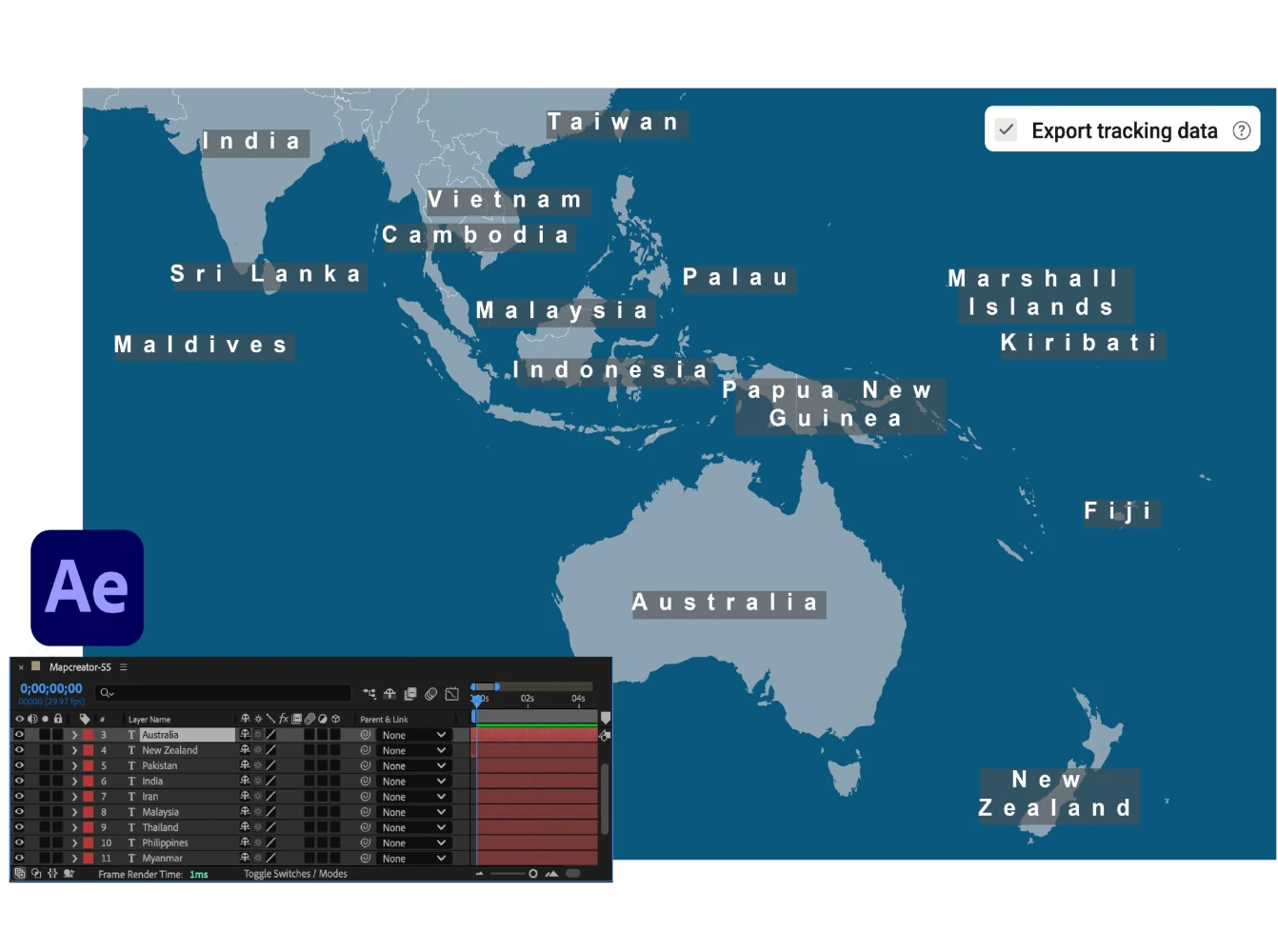 Flat-design map of Southeast Asia and Australia with country labels, shown alongside a video animation timeline in After Effects.
