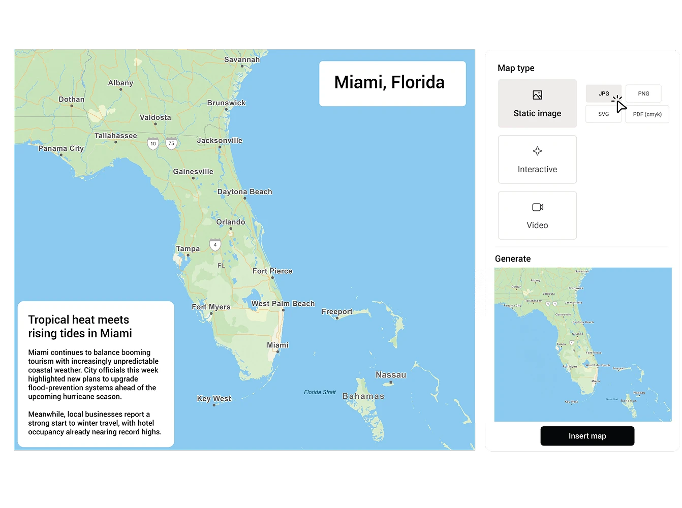 A static map of Florida centered on Miami, with city labels and a text box describing tropical heat and rising tides, shown alongside map export options for static, interactive, or video formats.