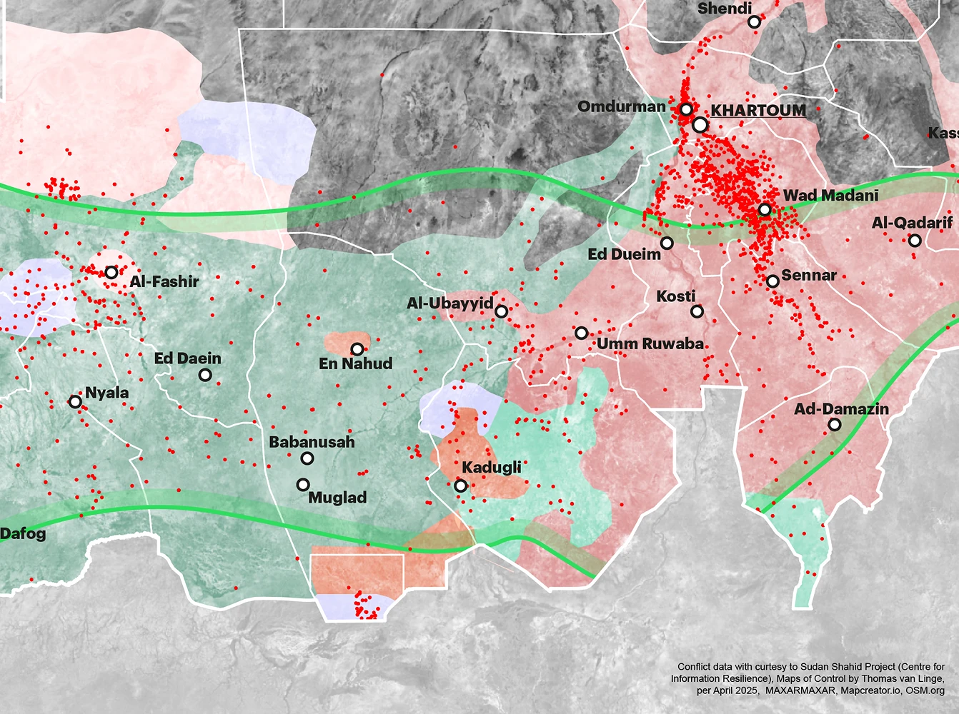 Map of central and western Sudan showing towns and regions with dense red dots indicating reported conflict incidents, shaded areas representing zones of control, and green lines marking major routes or boundaries.