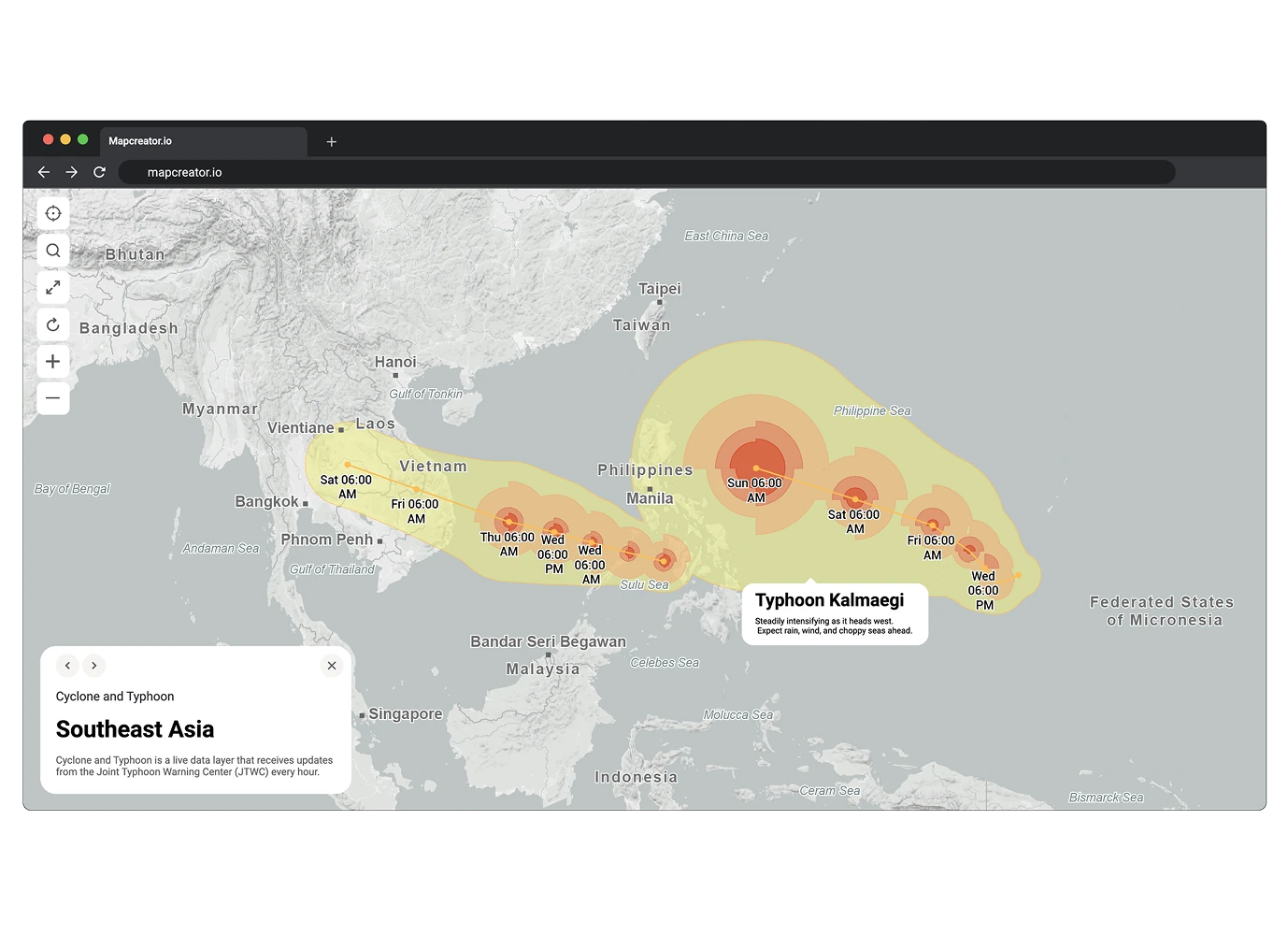 Interactive map of Southeast Asia displaying the projected path and intensity zones of Typhoon Kalmaegi over time.