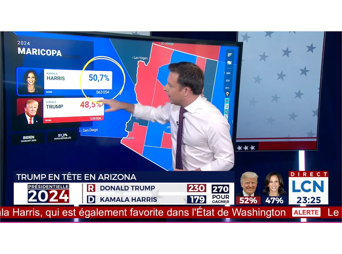 A television news presenter gestures toward a large digital map and results panel showing vote percentages for candidates in Arizona, with county-level results highlighted.