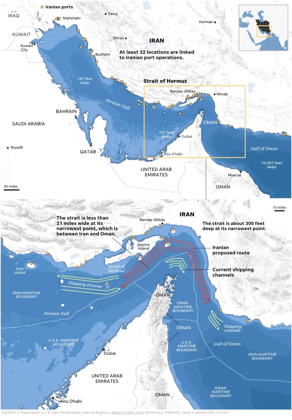 Map of the Strait of Hormuz showing narrow shipping lanes between Iran and Oman, with marked ports, maritime boundaries, and proposed and existing shipping routes.