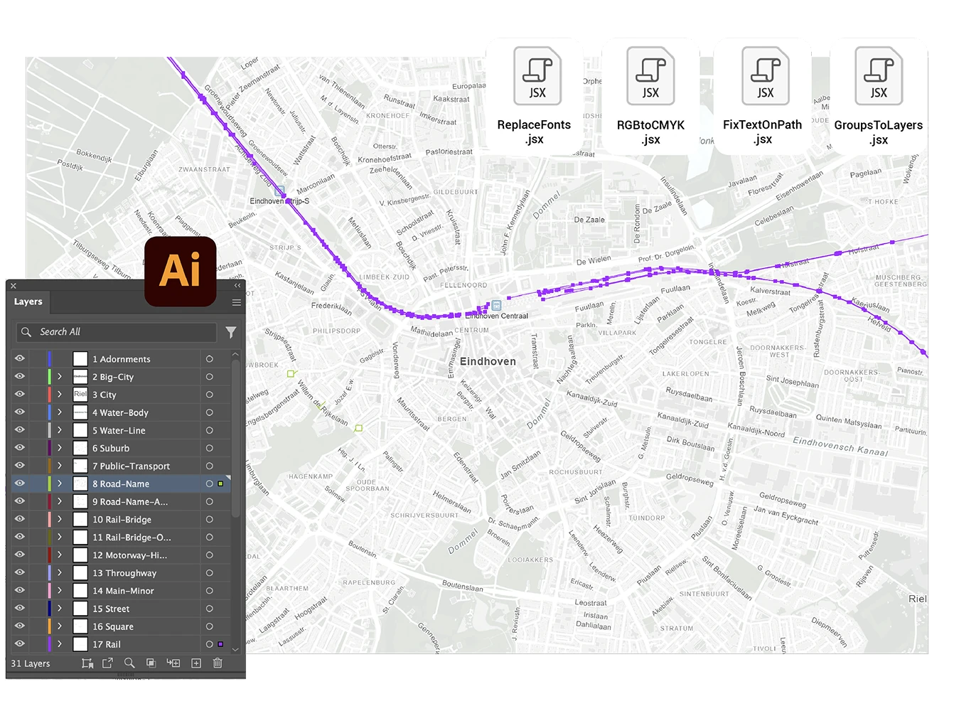 An Adobe Illustrator workspace showing a detailed city map with layered roads and paths, a layers panel open, and custom scripts for modifying map elements.