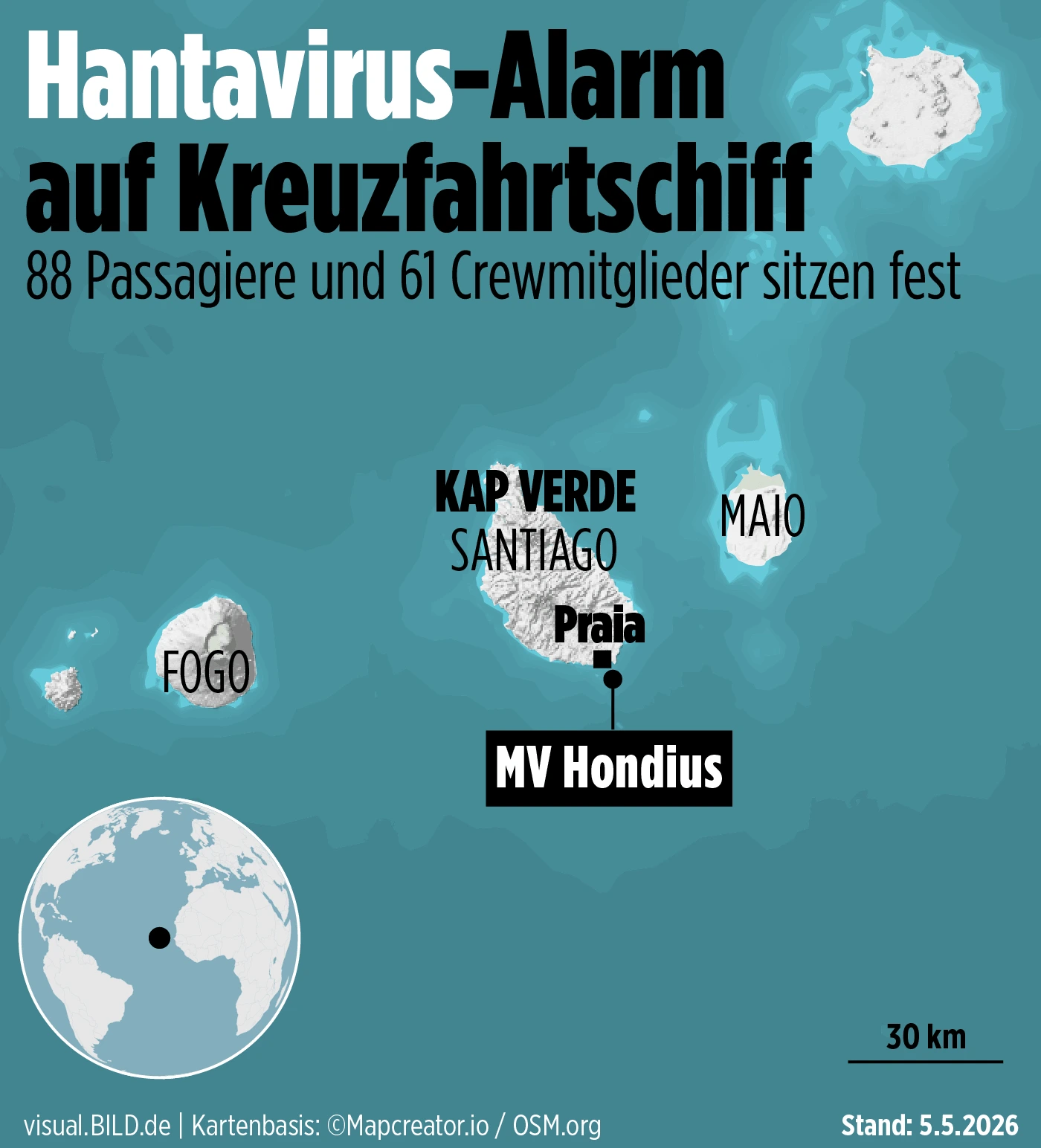 BILD map shows the MV Hondius near Cape Verde during a hantavirus outbreak that stranded 88 passengers and 61 crew members following a disrupted expedition voyage.