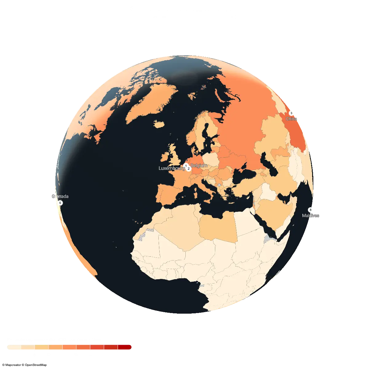 Choropleth globe map from Mapcreator with a legend