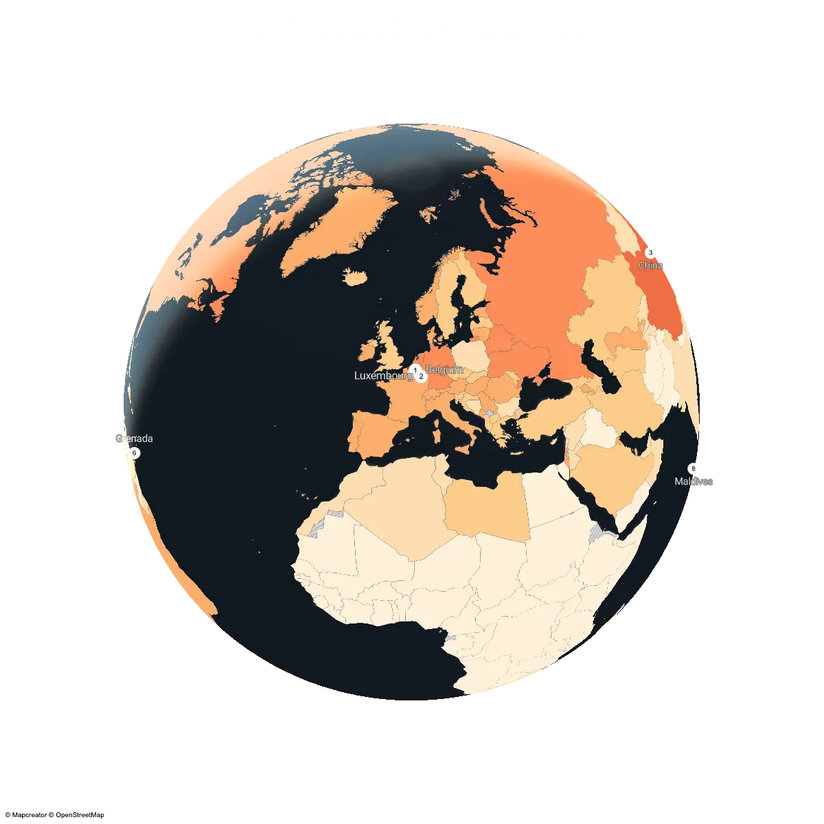 Choropleth globe map from Mapcreator without a legend