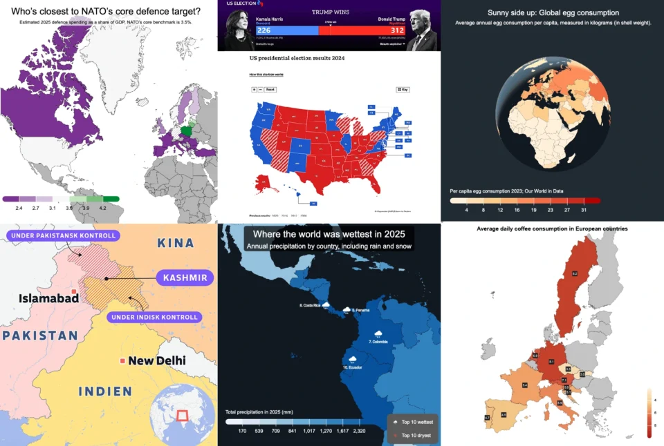 Gallery of different choropleth map examples, including election results, egg consumption, rainfall, coffee consumption, and regional data maps.