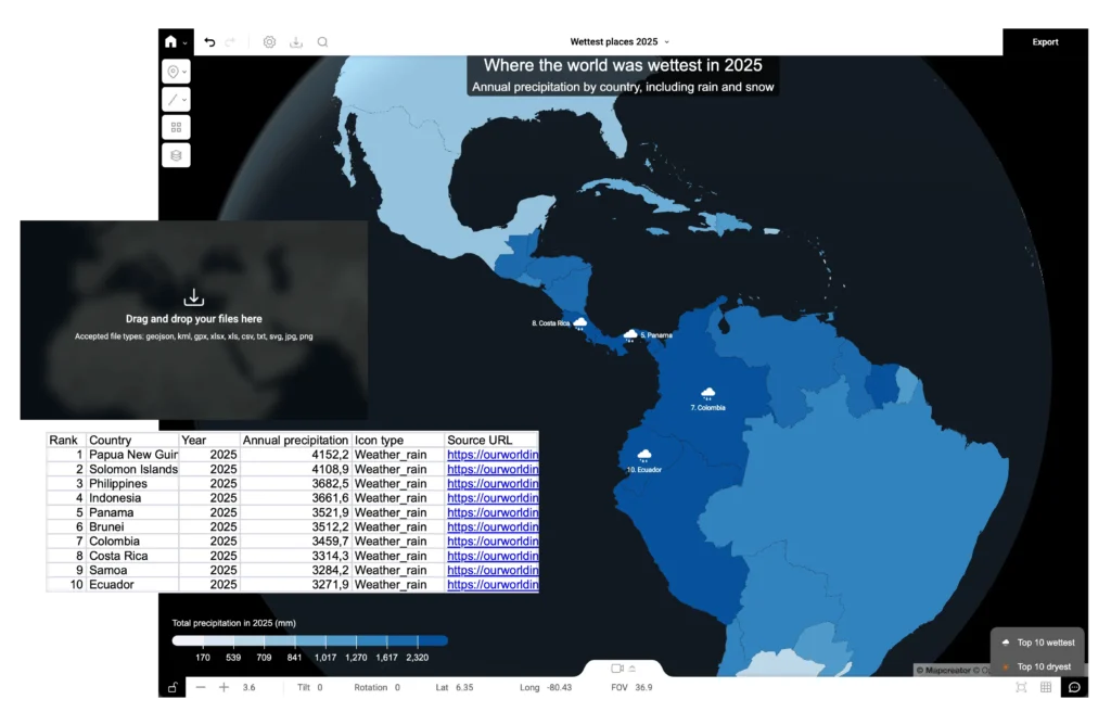 CSV precipitation data imported into Mapcreator to create a wettest places map for 2025