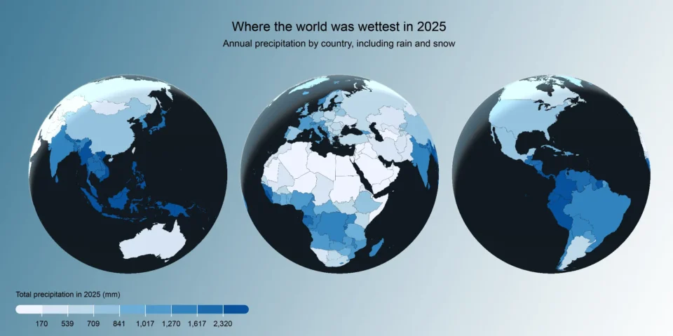 World map showing annual precipitation by country in 2025