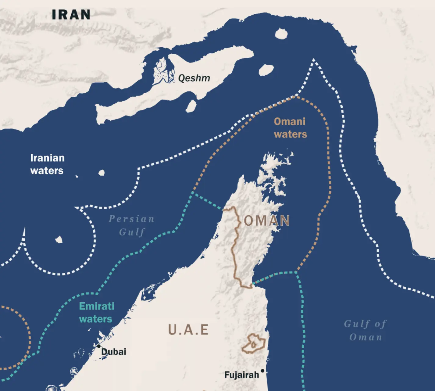 Map of the Strait of Hormuz showing Iranian, Omani and Emirati waters, with maritime boundaries across the Persian Gulf and Gulf of Oman.