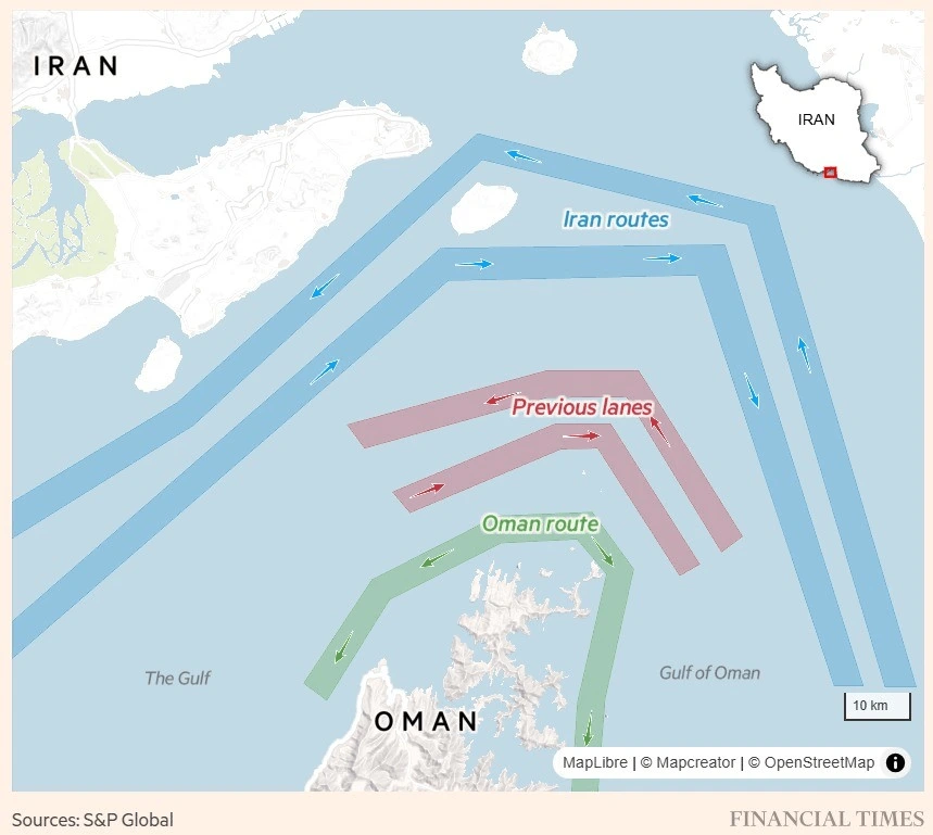 Map of the Strait of Hormuz showing revised shipping routes near Iran and Oman, including Iran routes, previous lanes, and the Oman route.