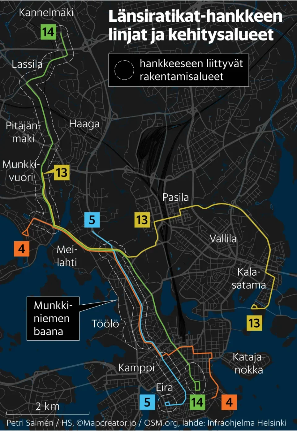 Map of Helsinki showing planned tram routes, development areas, and existing tram lines for the Western Boulevard project.