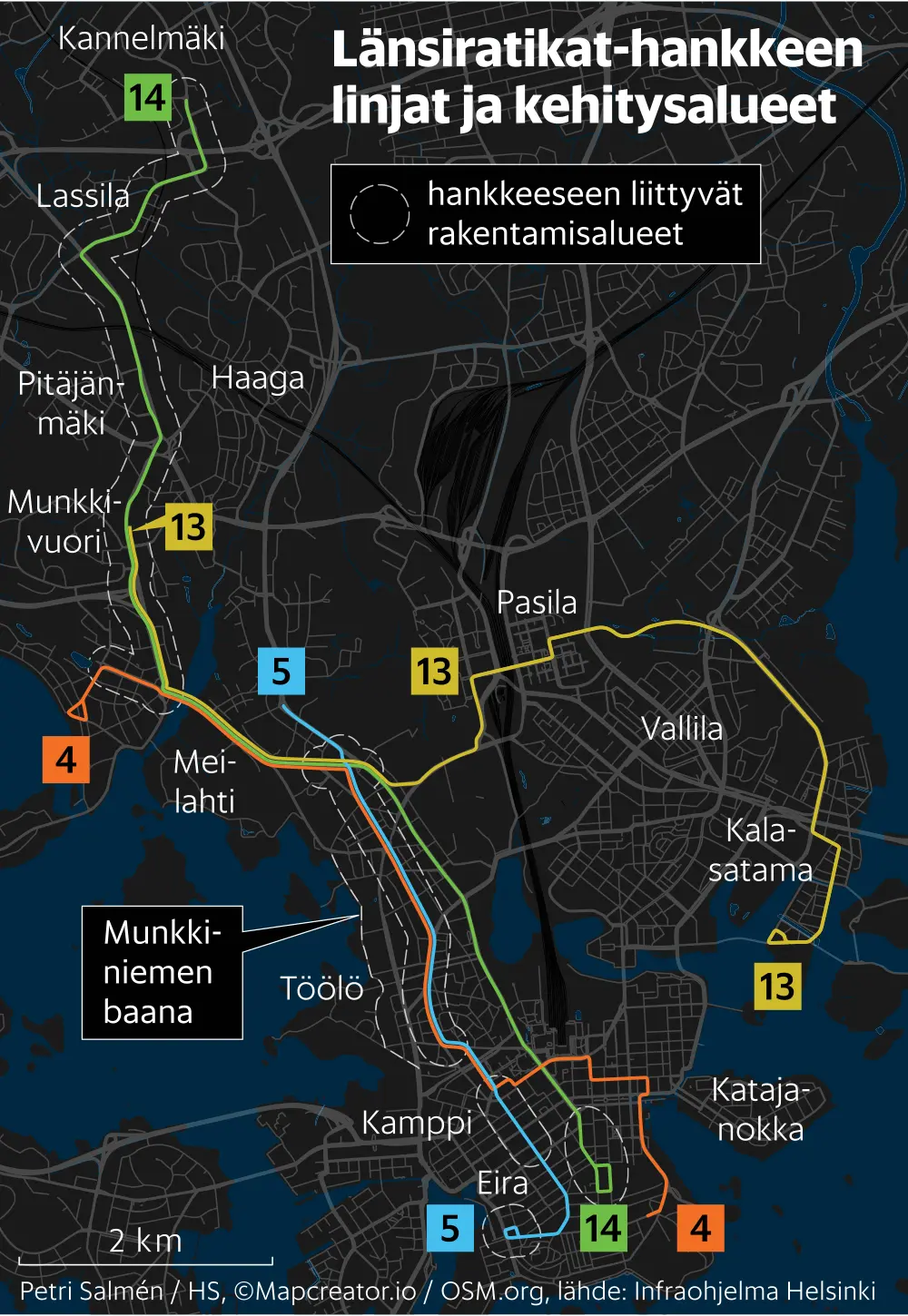 Map of Helsinki showing planned tram routes, development areas, and existing tram lines for the Western Boulevard project.