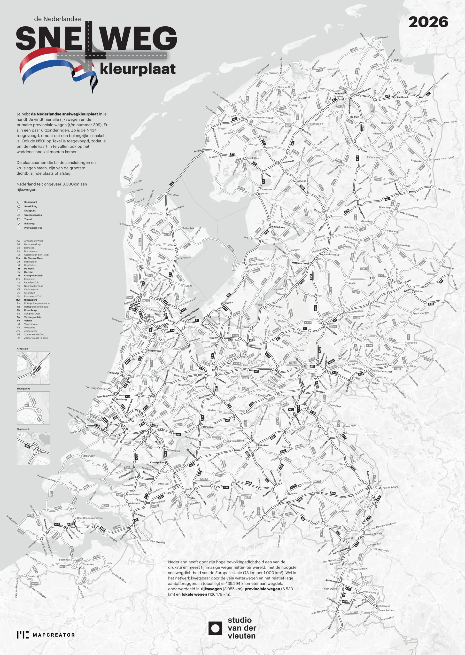 Black-and-white coloring map of the Netherlands showing the national motorway network, road numbers, junctions and key routes for 2026.