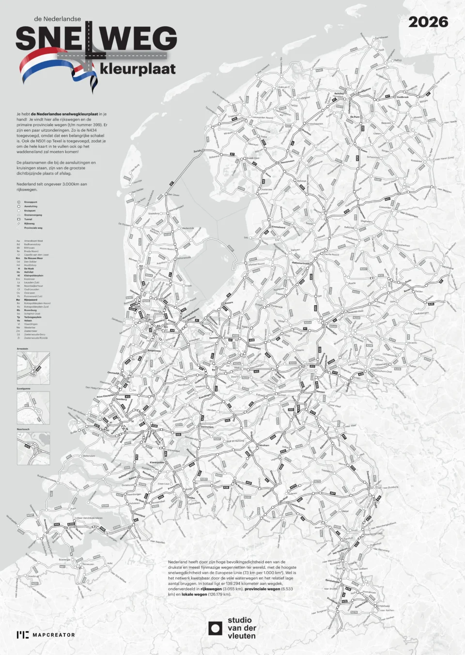 Black-and-white coloring map of the Netherlands showing the national motorway network, road numbers, junctions and key routes for 2026.