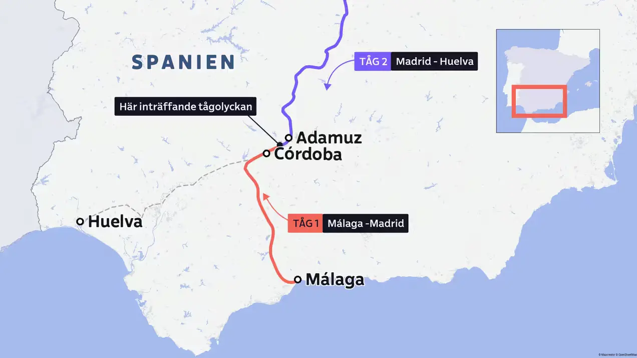 Map of southern Spain showing the routes of two trains and the location of a fatal rail accident near Córdoba.