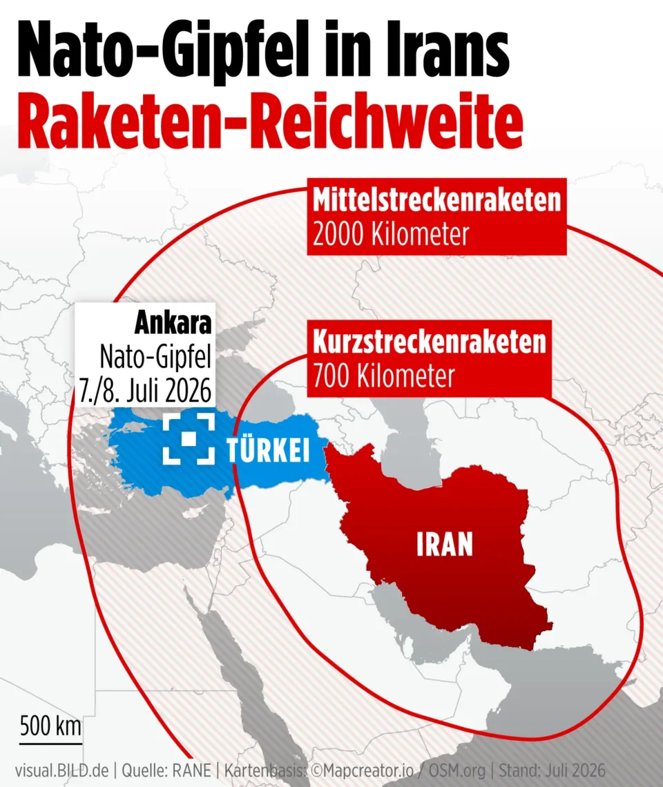 Map showing Ankara and the estimated 700-kilometre and 2,000-kilometre ranges of missiles from Iran.