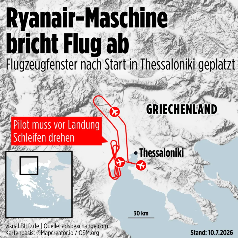 Map showing a Ryanair aircraft circling near Thessaloniki before returning to land after a window shattered.