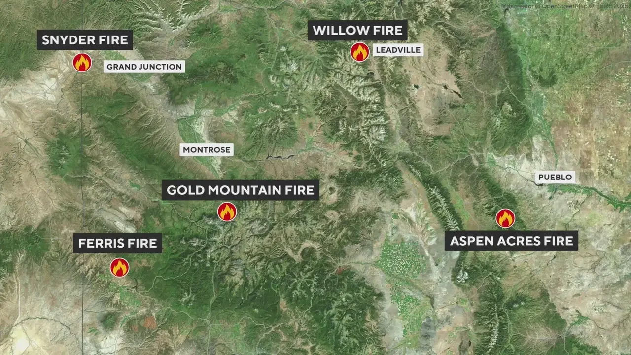Satellite map of Colorado showing the Snyder, Willow, Gold Mountain, Ferris and Aspen Acres wildfires.