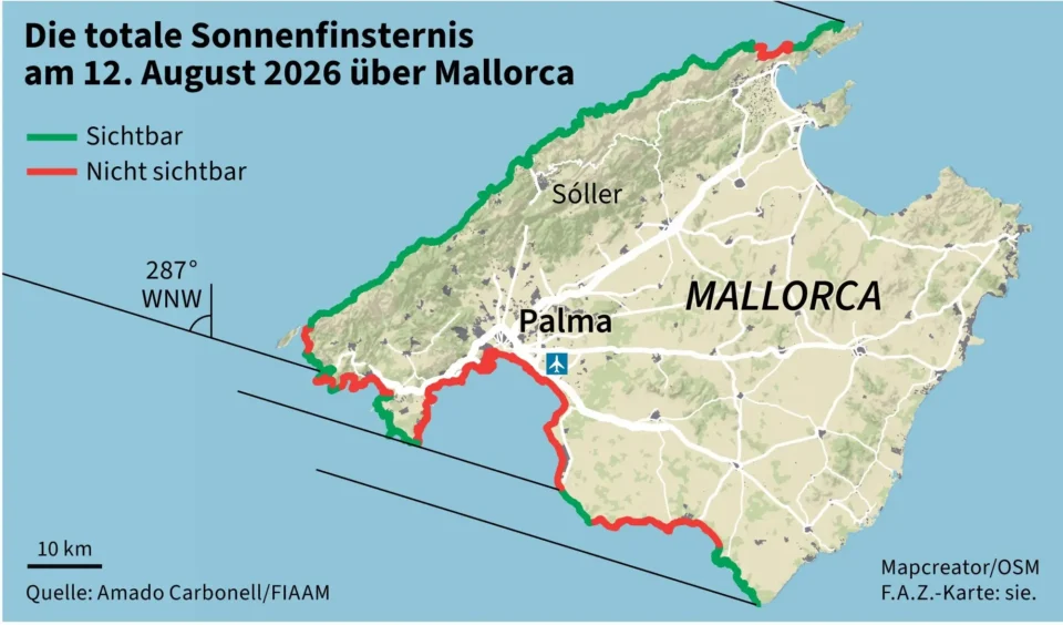 Map of Mallorca showing where the total solar eclipse on 12 August 2026 will and will not be visible.