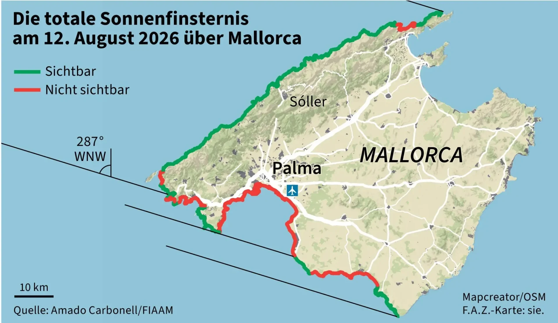 Map of Mallorca showing where the total solar eclipse on 12 August 2026 will and will not be visible.