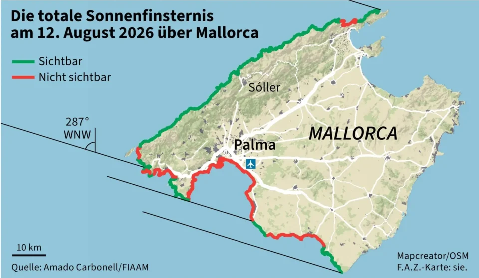 Map of Mallorca showing where the total solar eclipse on 12 August 2026 will and will not be visible.