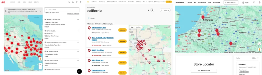 interactive maps from mcdonalds, lululemon and H&M, all in the exact same google style