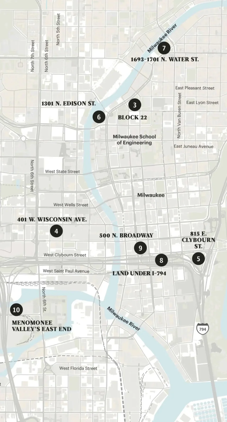 Map of central Milwaukee showing eight numbered development sites near downtown, the rivers, Interstate 794 and the Menomonee Valley.