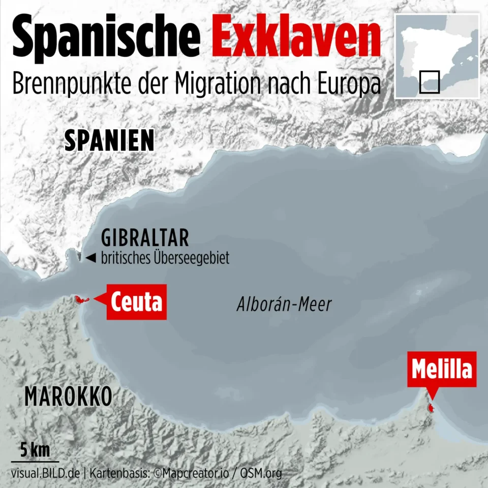 Map showing the Spanish exclaves of Ceuta and Melilla on Morocco’s coast, with Gibraltar and southern Spain nearby.