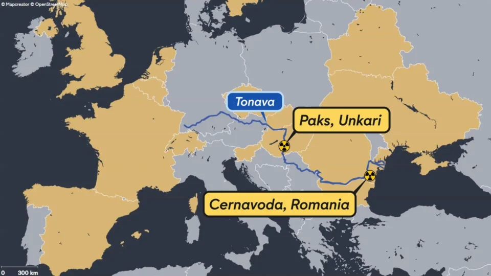Map of Europe showing the Danube River and nuclear power plants at Paks in Hungary and Cernavoda in Romania.