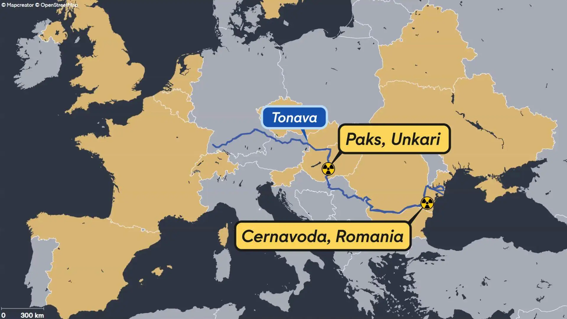 Map of Europe showing the Danube River and nuclear power plants at Paks in Hungary and Cernavoda in Romania.