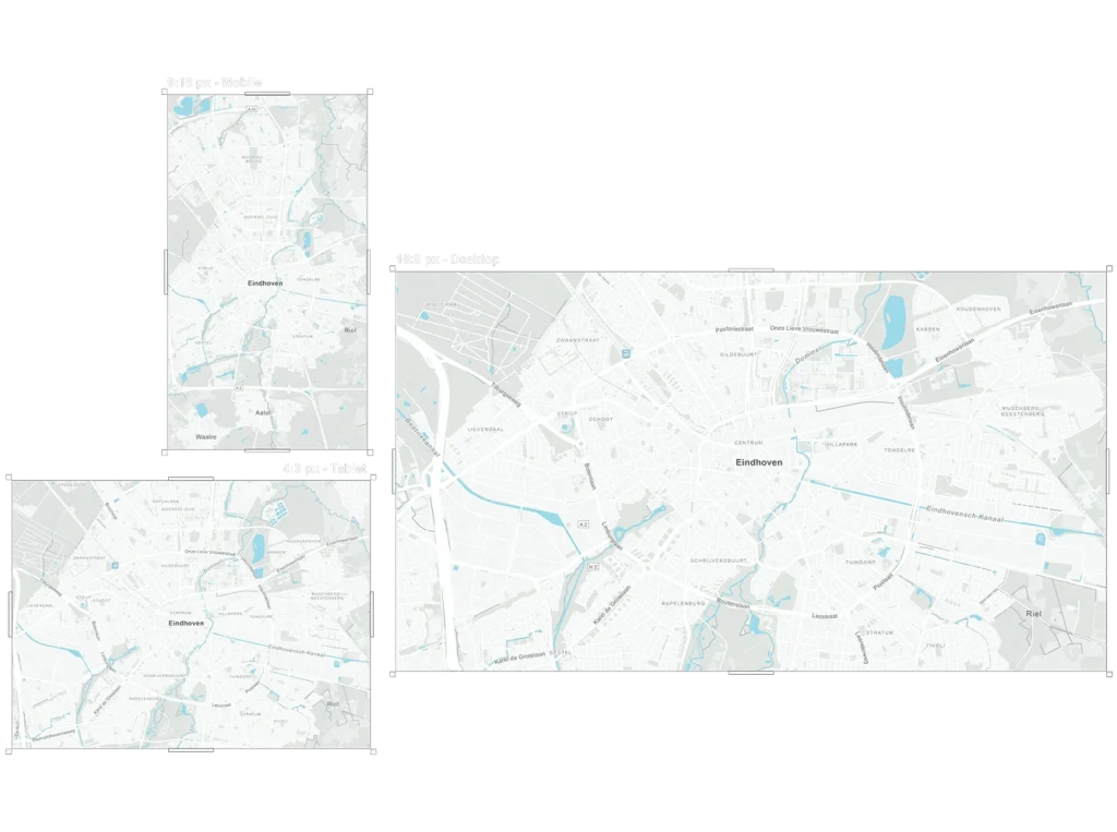 A comparison of the same city map displayed in different screen sizes for mobile, tablet, and desktop, demonstrating responsive map design.