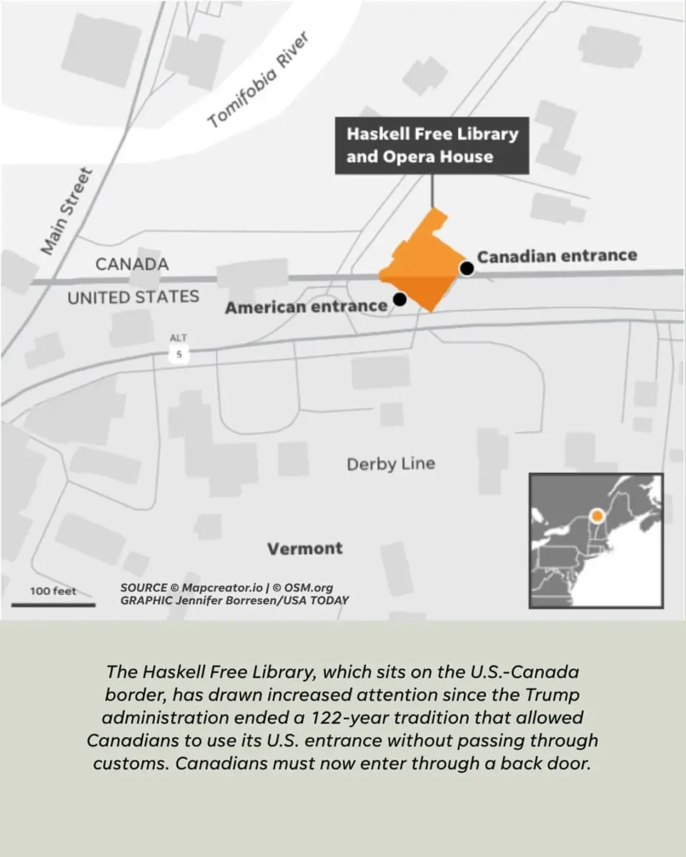 Map showing the Haskell Free Library and Opera House crossing the U.S.–Canada border, with separate American and Canadian entrances.