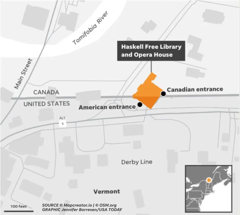 Map showing the Haskell Free Library and Opera House crossing the U.S.–Canada border, with separate American and Canadian entrances.