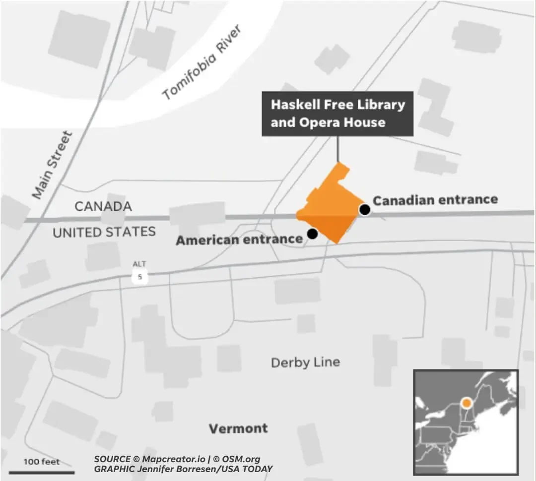 Map showing the Haskell Free Library and Opera House crossing the U.S.–Canada border, with separate American and Canadian entrances.