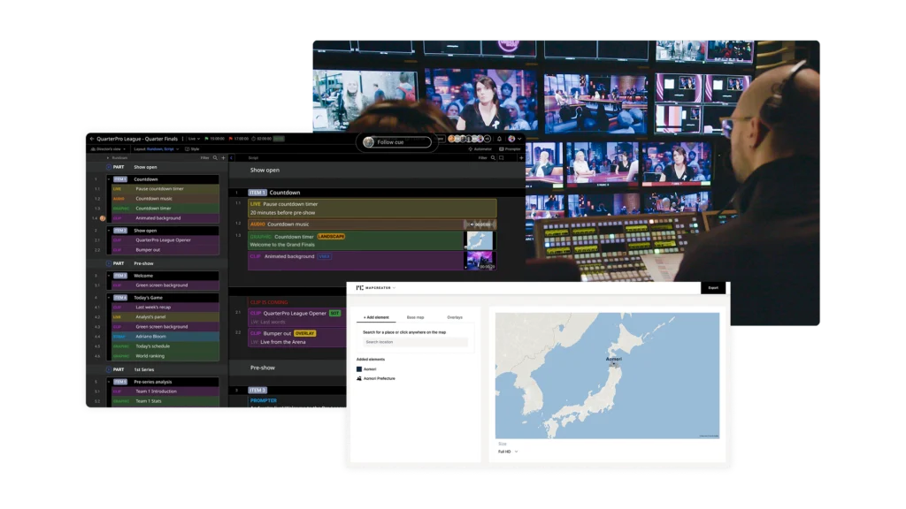 Une régie pilotée par des producteurs, un conducteur comportant de nombreux éléments graphiques et clips, et une carte de localisation du Japon.