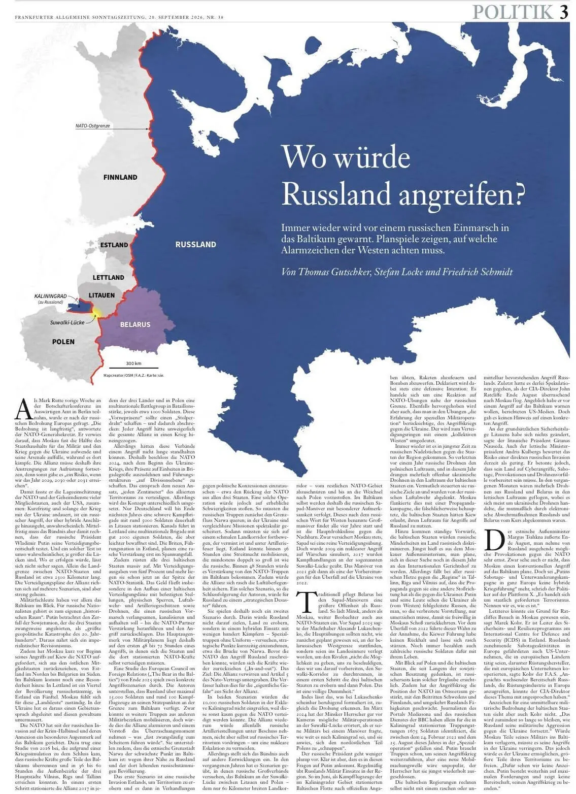 F.A.Z. map showing Russia, Finland, the Baltic states, Belarus, Kaliningrad and the Suwałki Gap along NATO’s eastern border.