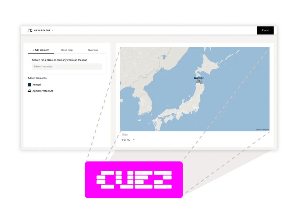 La carte de localisation présente le Japon en mettant en évidence la préfecture d’Aomori, et montre comment elle peut être envoyée instantanément dans le conducteur Cuez.