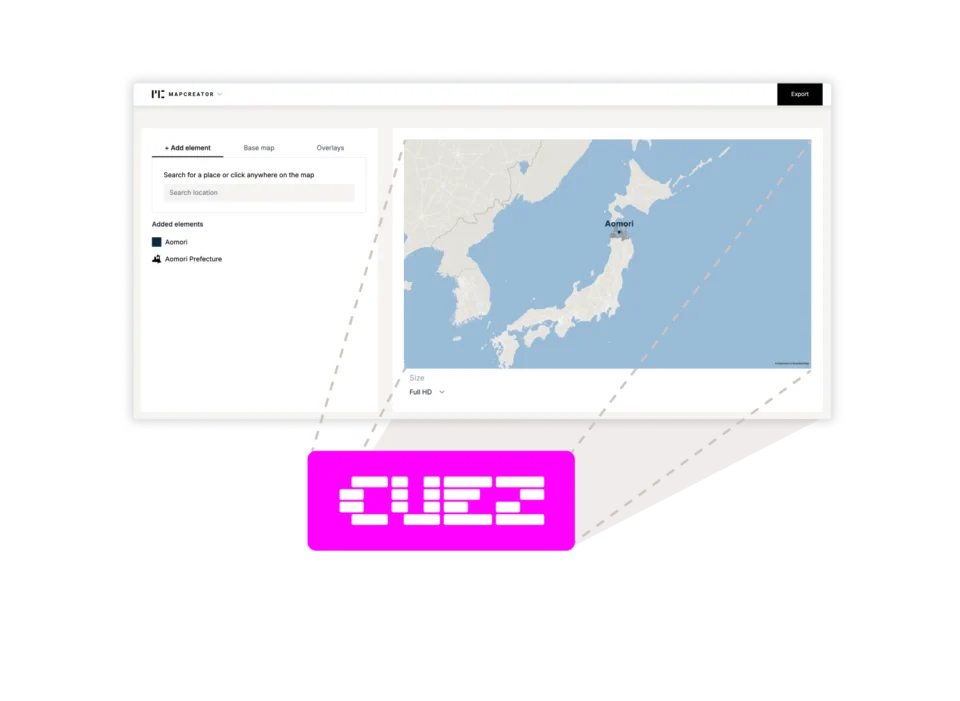 De locator map toont Japan met de prefectuur Aomori uitgelicht, en laat zien hoe de kaart direct naar de Cuez Rundown gestuurd kan worden.
