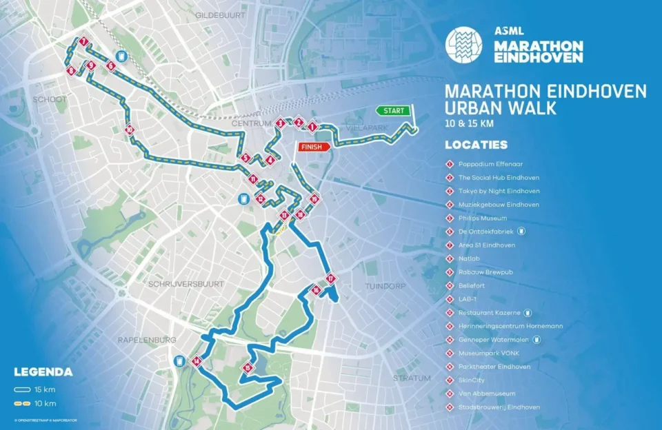 Map of the ASML Marathon Eindhoven 42.195 km route showing the start, finish, kilometre markers, relay points, water stations and major city landmarks.