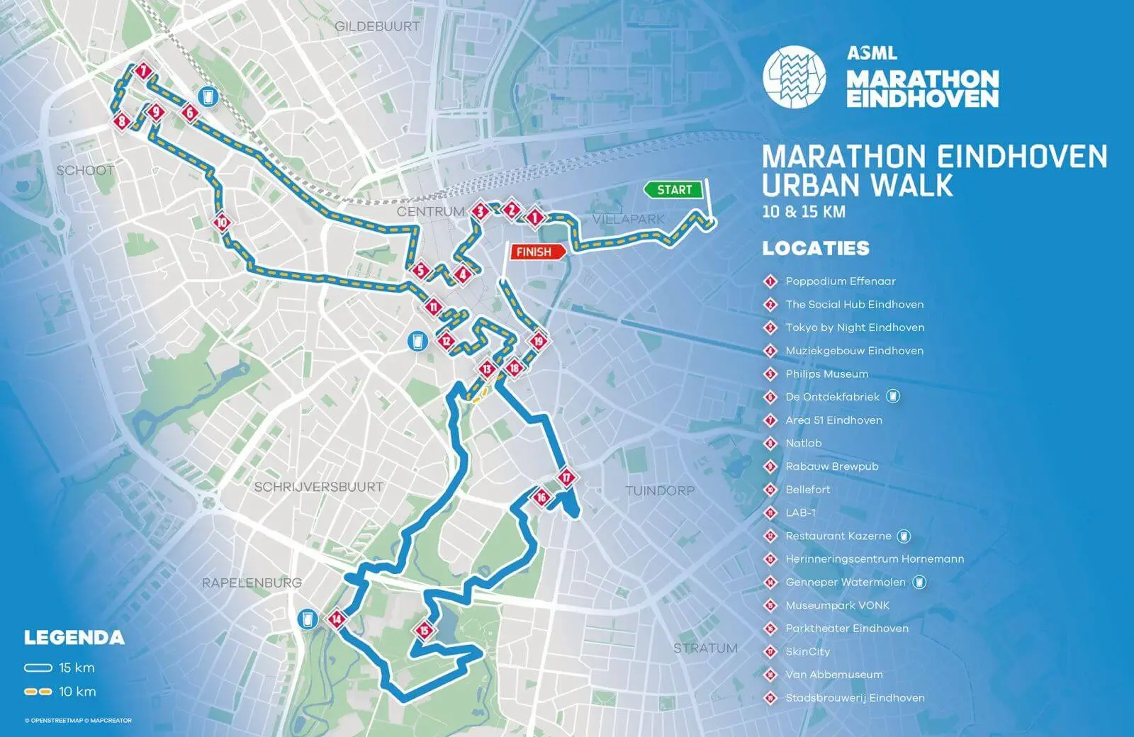 Map of the ASML Marathon Eindhoven 42.195 km route showing the start, finish, kilometre markers, relay points, water stations and major city landmarks.
