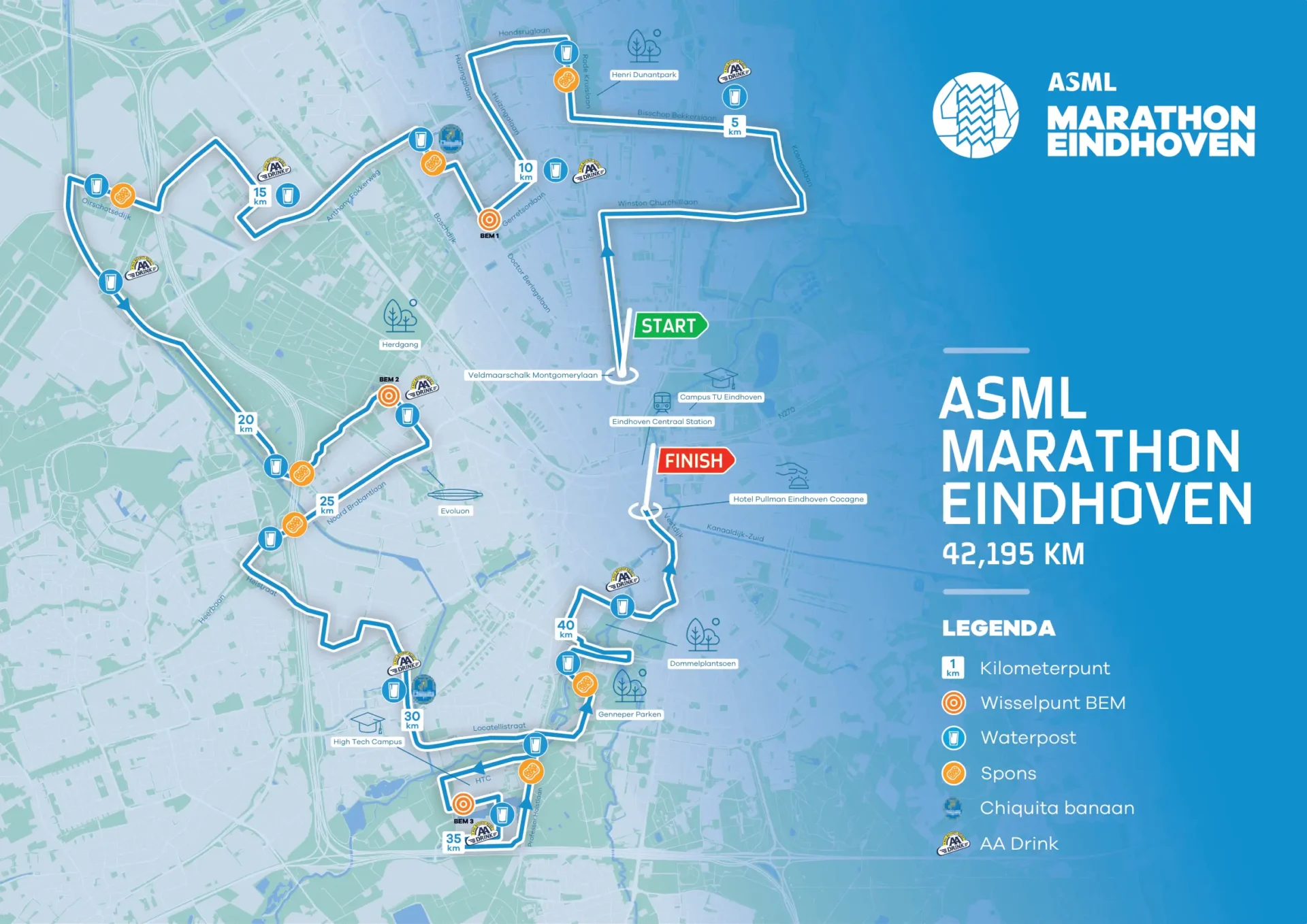 Map of the ASML Marathon Eindhoven 42.195 km route showing the start, finish, kilometre markers, relay points, water stations and major city landmarks.
