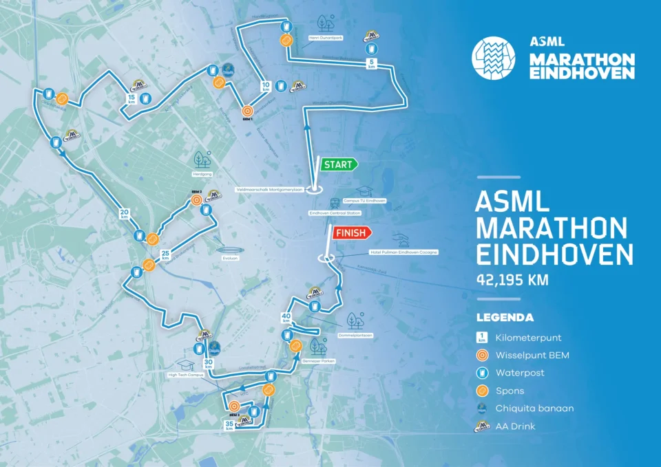 Map of the ASML Marathon Eindhoven 42.195 km route showing the start, finish, kilometre markers, relay points, water stations and major city landmarks.