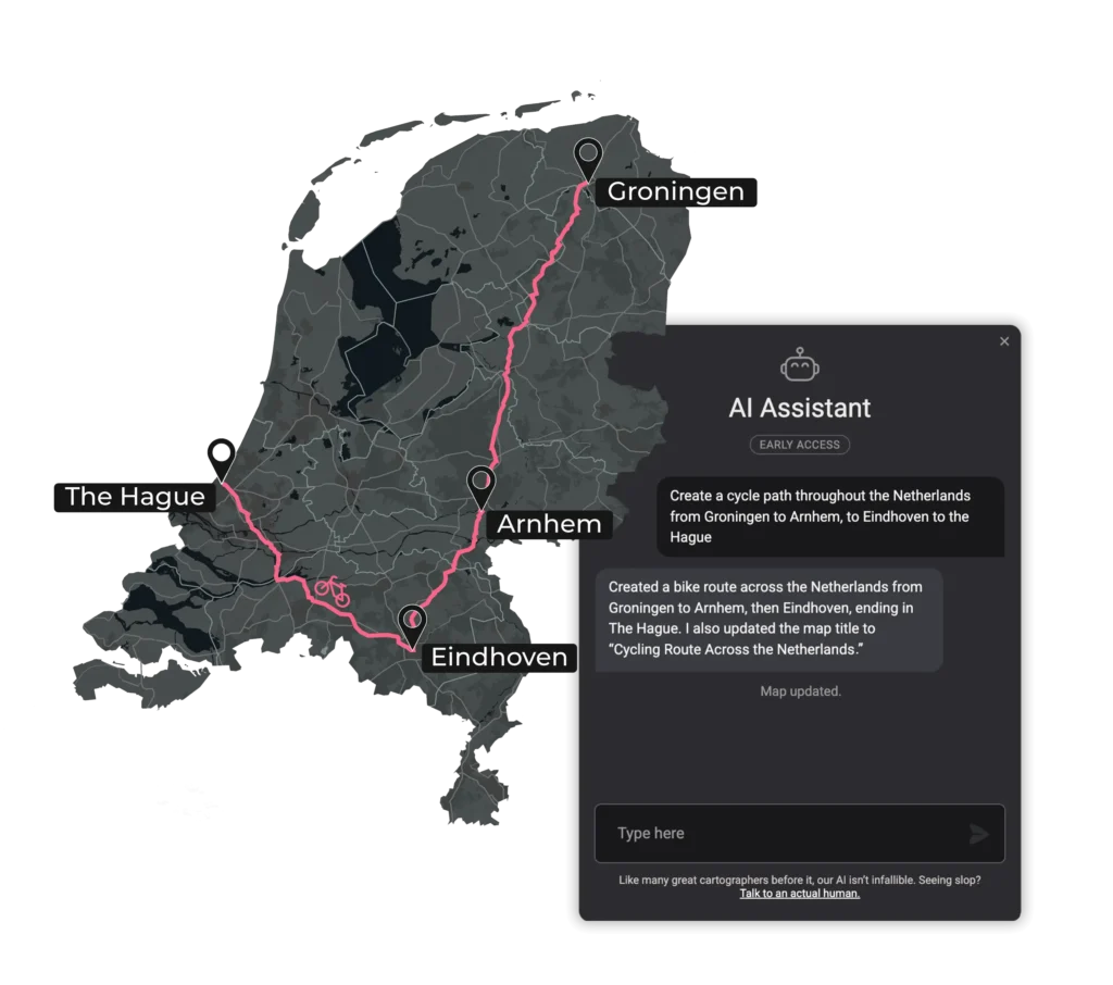 The Mapcreator AI Assistant build this map of the Netherlands based upon a prompt.
