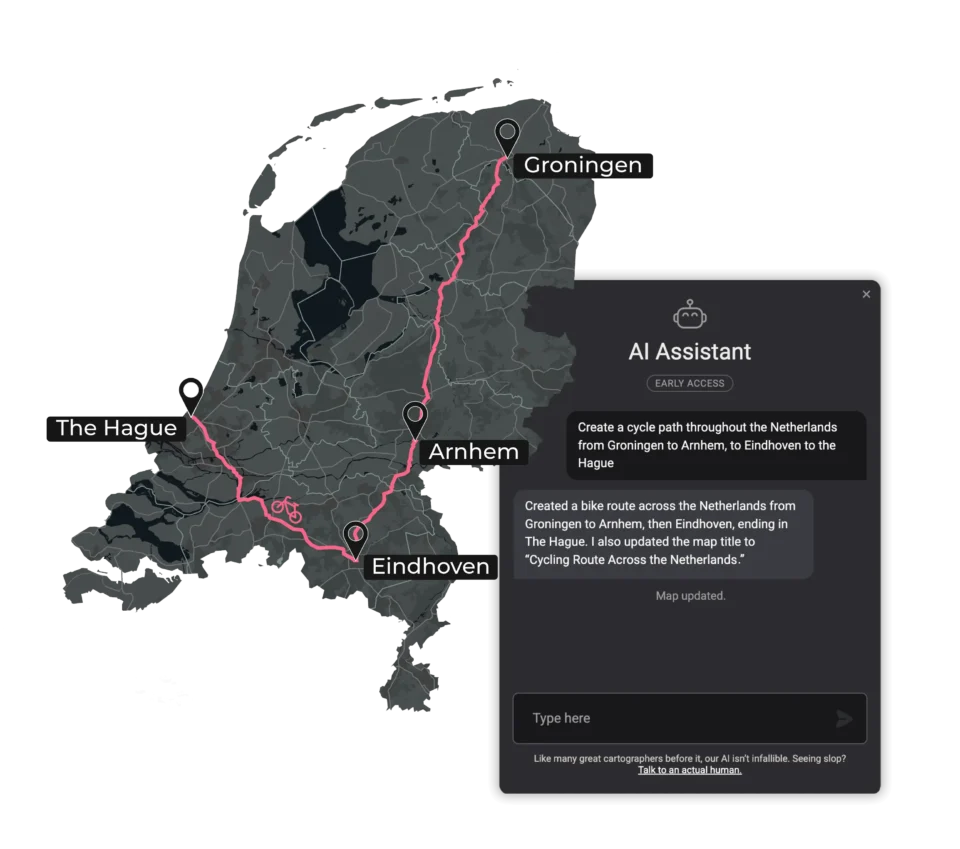 The Mapcreator AI Assistant build this map of the Netherlands based upon a prompt.
