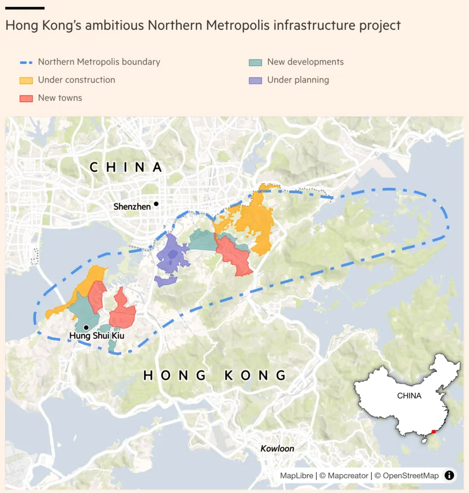 Explore Hong Kong’s Northern Metropolis project, including new towns, planned developments and major construction areas close to the Shenzhen border.